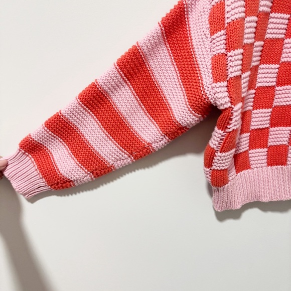 Entro Mixed Print Knit Cardigan Womens Size Small Checkered Striped Cropped - Picture 4 of 8